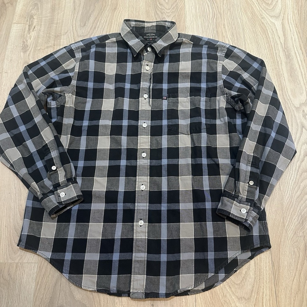 Polo Jeans Co Ralph Lauren Men's Size Large Blue Plaid Long Sleeve Flannel Shirt